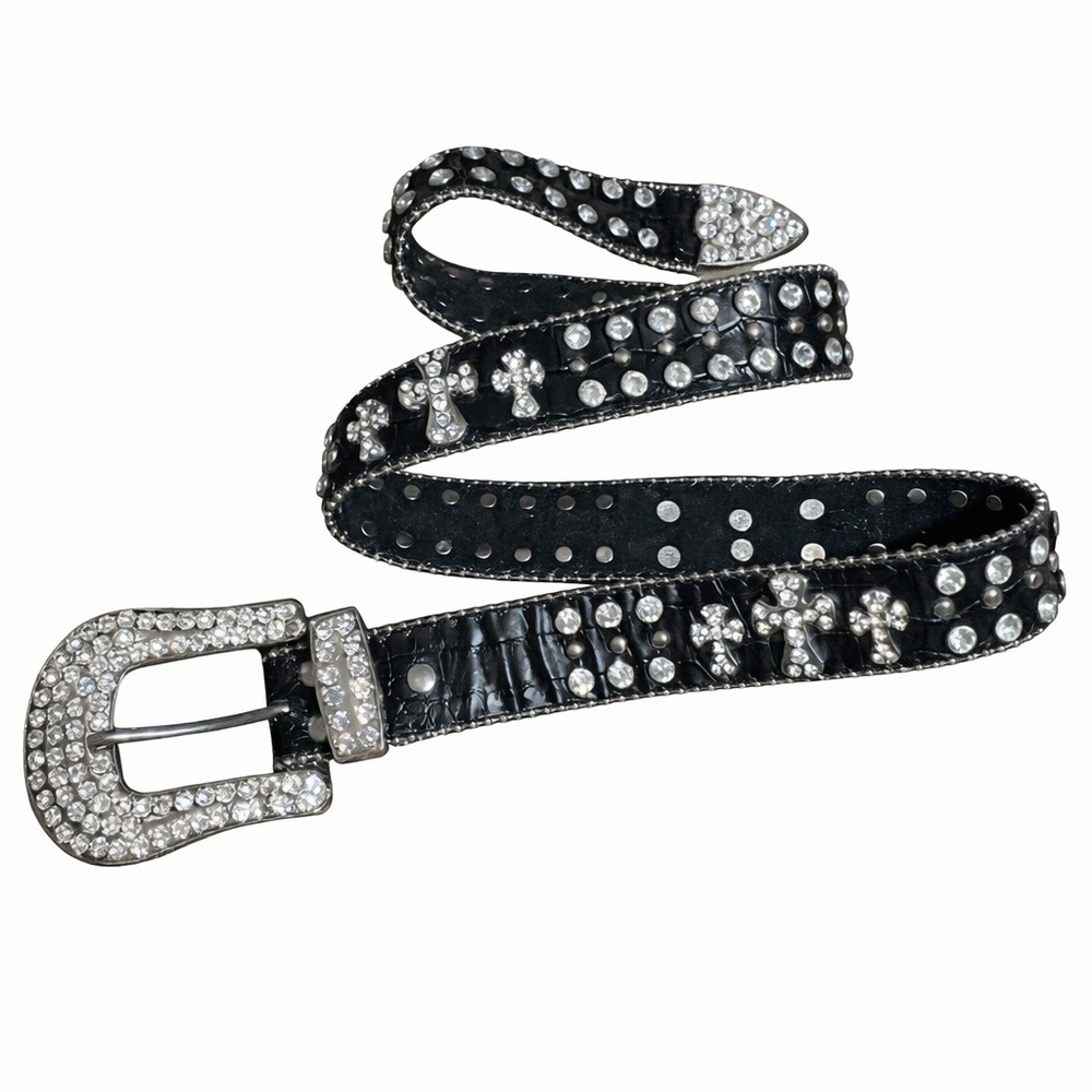 Large Nocona Black Leather Rhinestone Cross Belt | Western Bling | Size 35"-39" - Picture 2 of 6